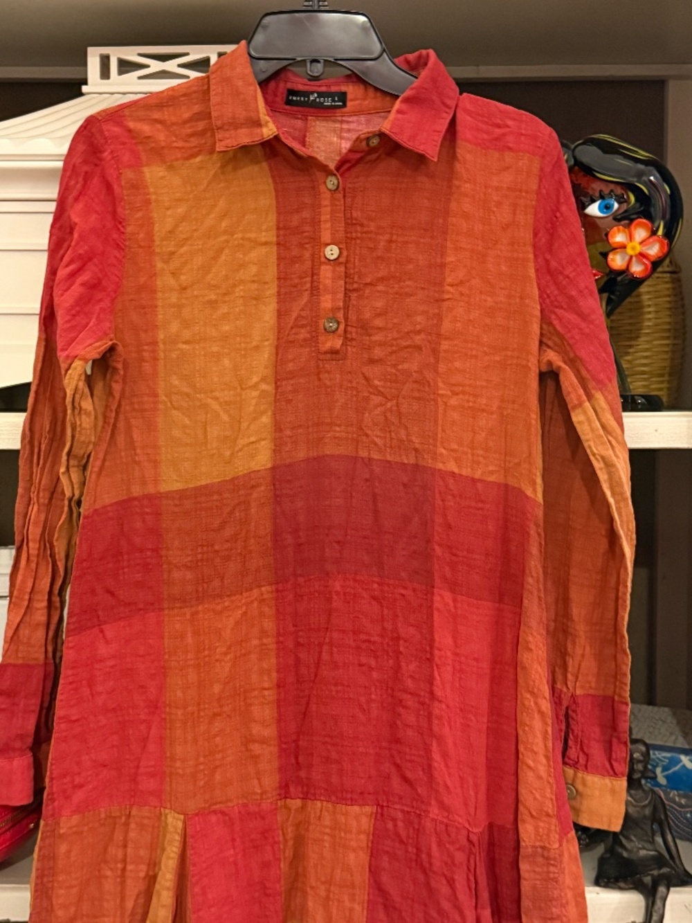 Emery Rose Large L long sleeve maxi dress patchwork orange red plaid - Picture 4 of 6